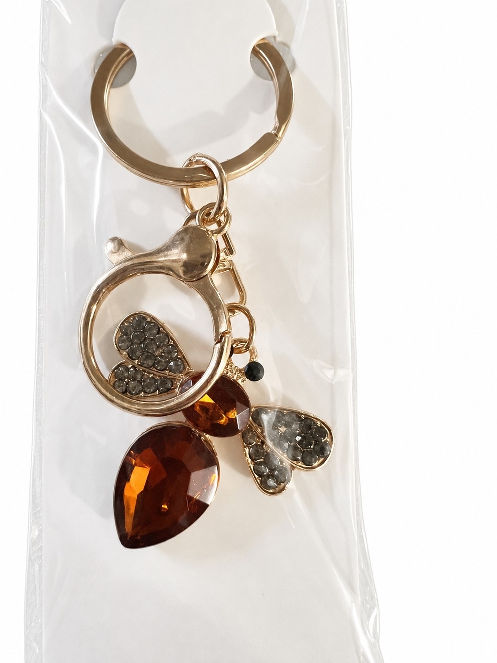 Mint Gold-Tone Bee Keychain with Amber and Clear Crystals